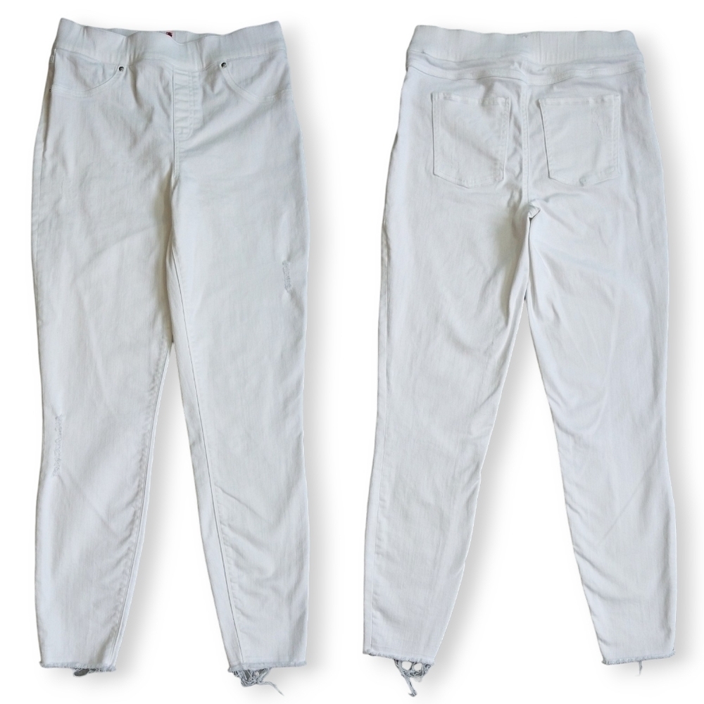 Spanx White Distressed Skinny Raw Hem Pull On High Rise Jeans Stretch 20229R